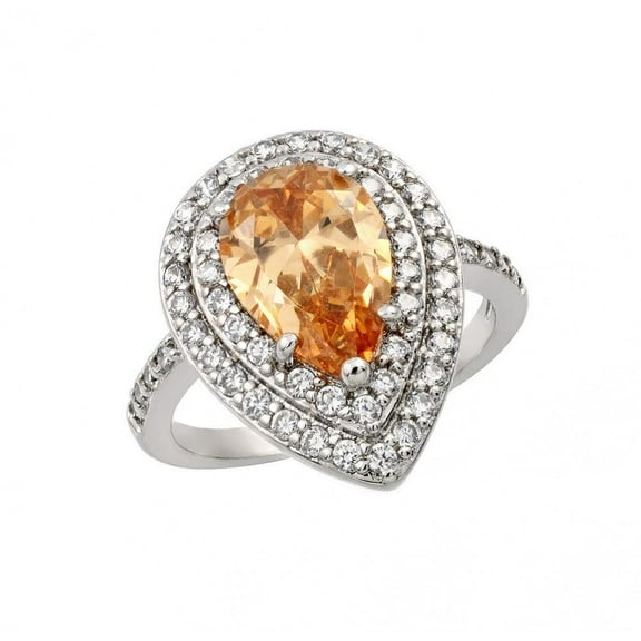 Rhodium Plated Sterling Silver 925 Champagne Clear Cubic Zirconia Teardrop Ring Orange Female Size 9