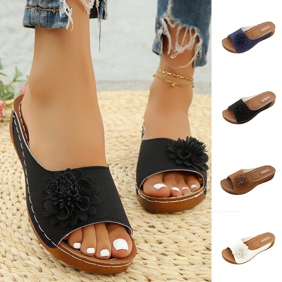 Sandals for Women Summer Casual Boho Wedge Peep Toe Solid Color Slip-on Slides Lightweight Comfortable Beach Shoes