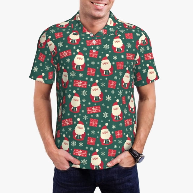 Fotbe Santa Claus Camiseta Polo de Golf para Hombre con Estampado – Camisa Deportiva Transpirable con Cuello Abotonado-X-Large