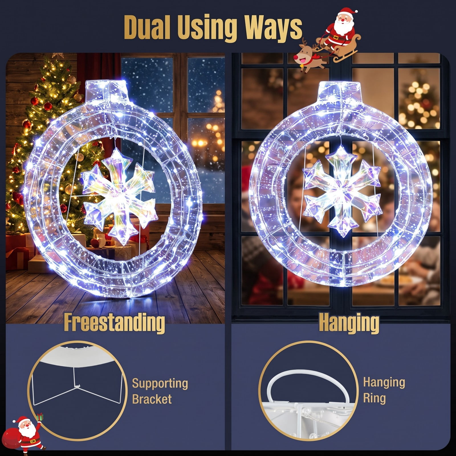 RUIE 33 Inch Lighted Christmas Snowflake Ornament with 128 Cold White LED Lights, Hanging Ring and Support Bracket for Indoor Outdoor Holiday Door Decoration, Cold White