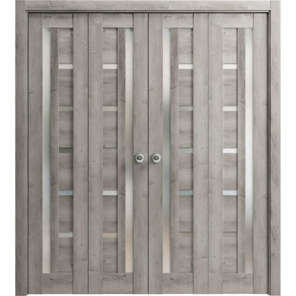 Sliding Closet Double Bi-fold Doors | Quadro 4088 Nebraska Grey with Frosted Glass | Sturdy Tracks Moldings Trims Hardware Set | Wood Solid Bedroom Wardrobe Doors