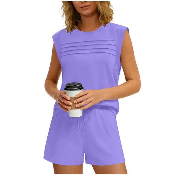 Two Piece Sets for Women Solid Color Short Sleeve Front Pleated Round Neck Top and Shorts Set