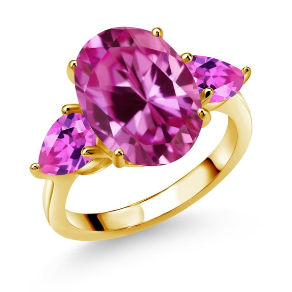 Gem Stone King 18K Yellow Gold Plated Silver Pink Created Sapphire Ring for Women (8.00 Cttw, 14X10MM Oval and 7X5MM Pear Shape, Gemstone September Birthstone, Size 7)