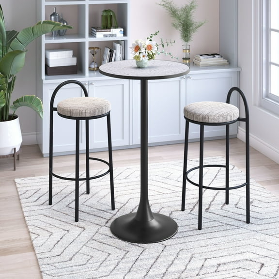 Bite Bar Table Gray & Black Bar Table, Modern Style, Faux Terrazzo MDF round shape tabletop, Steel, Indoor Bar
