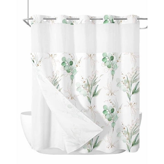 No Hook Cloth Fabric Shower Curtain with Snap in Liner, Eucalyptus Waterproof Shower Curtains Set with See Through Top Window, Sage Green Leaves Gold White Country Plant Bath Curtains Shower 72"x72"