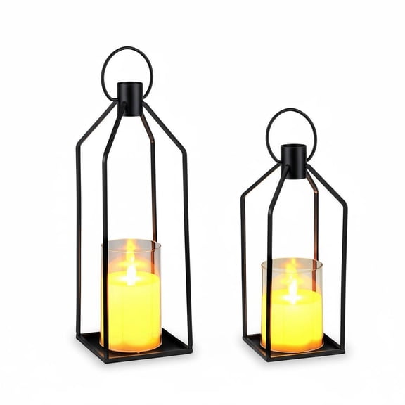 12" & 15"Modern Metal Lanterns Set of 2,Farmhouse Decorative Lantern with Flameless LED Candles&Timer Flickering,Outdoor & Indoor Hanging/Table Lantern for Patio, Garden, Porch,
