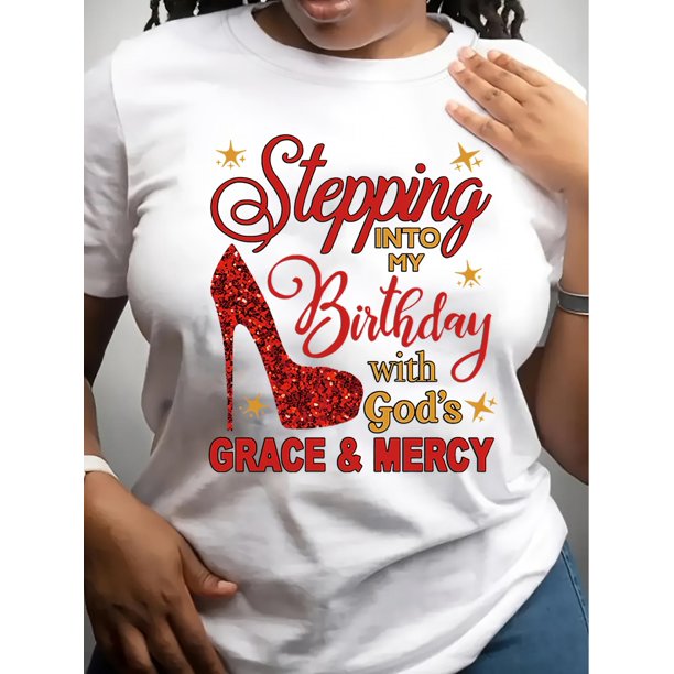 Vibrant Cartoon High Heel Birthday T-Shirt for Women - Soft Polyester Knit Fabric, Casual Crew Neck, Regular Length, All-Season Top - Inspirational Quote "Stepping into My Birthday with God's Grace &