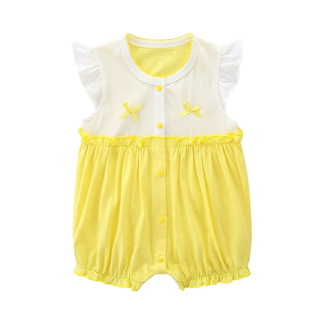 Vêtements d'Été, Mode Enfant Manches Courtes Combinaison Douce, T-Shirt Imprimé Couleur Manches Courtes Col Rond Jaune 9 Mois