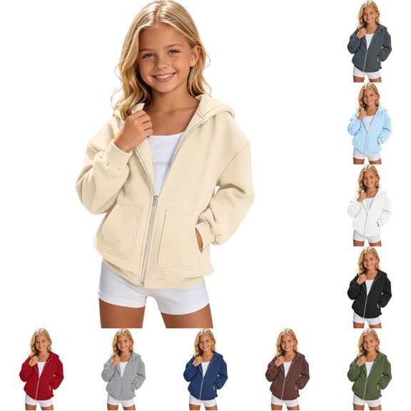 XAOFW Girls Zip Up Hoodies Long Sleeve Solid Color Hooded Sweatshirt Soft Lightweight Pullover With Front Pockets For Kids Back To School Season Versatile Tops 4-5 Years