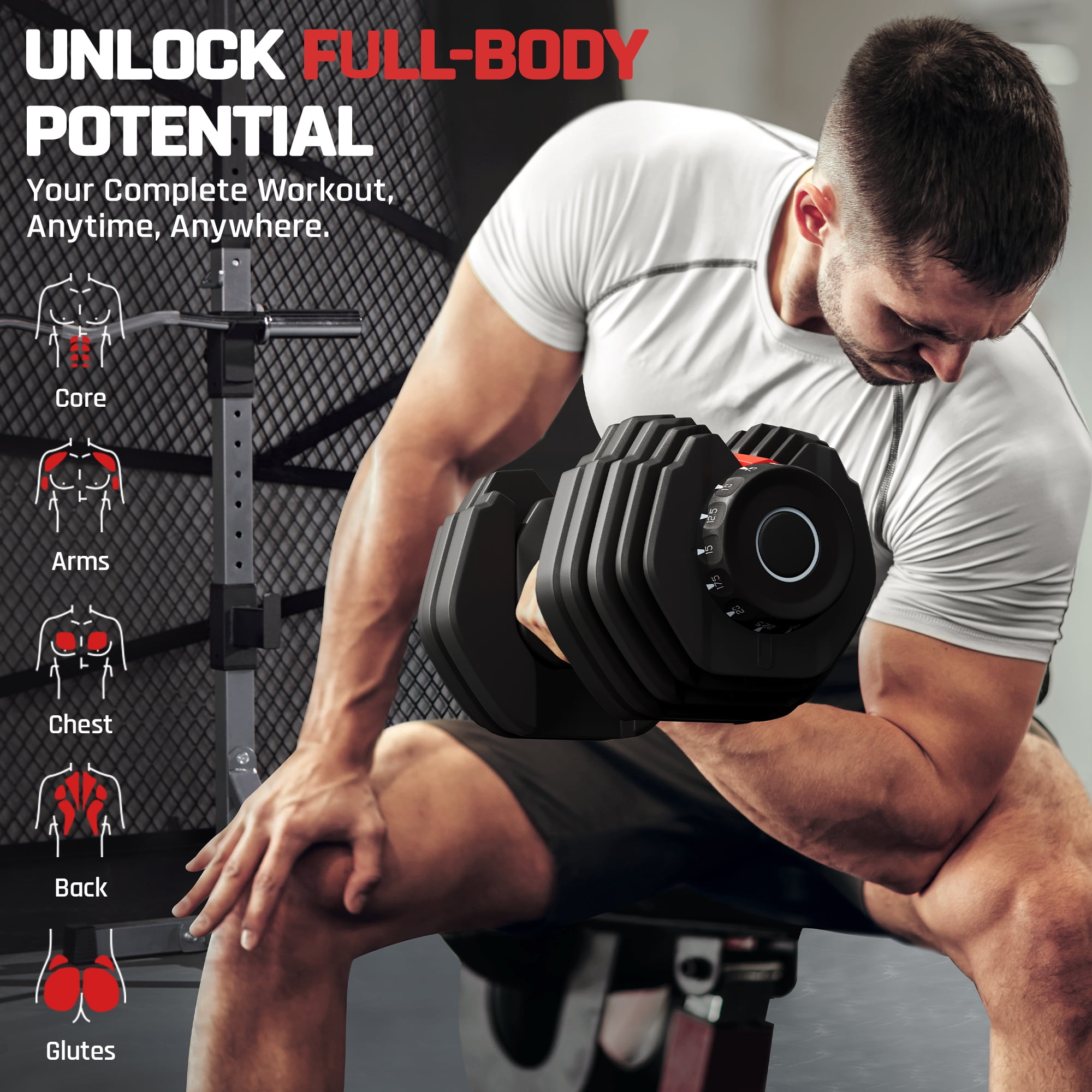 Renwick 5-52.5 lbs Quick Adjust Dumbbell Set for Home Gym, Set of 2, Black/Red