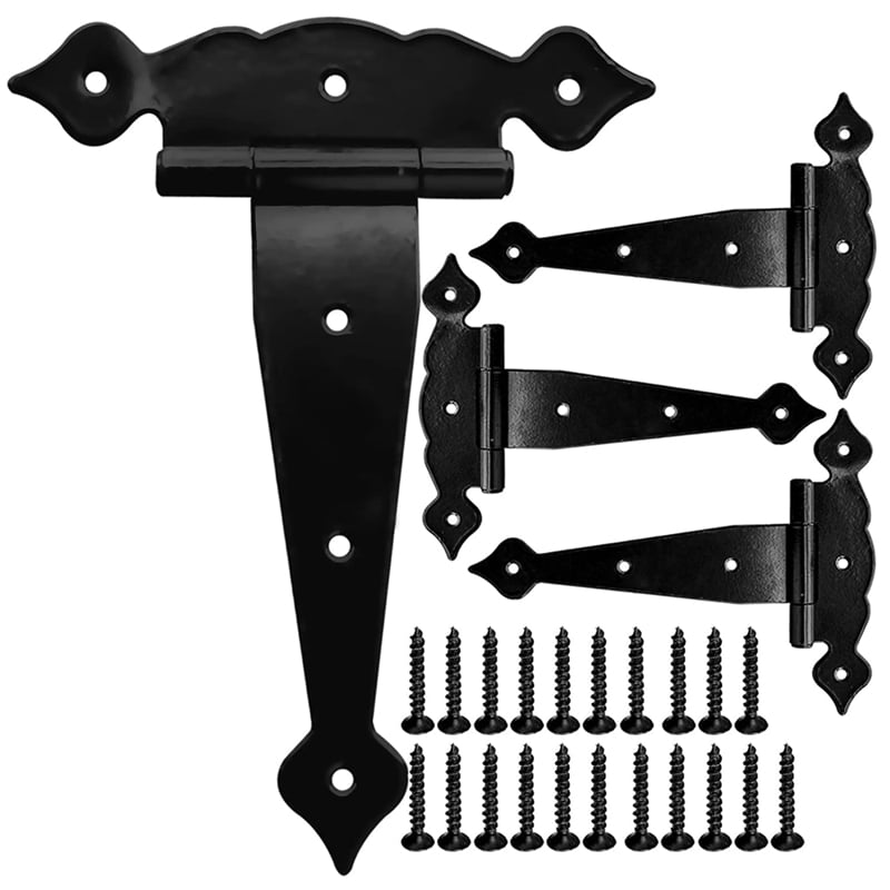 4Pack Gate Hinges Black for Wooden Fences, Decorative Tee Hinge Heavy Duty Shed Barn Door Hinges