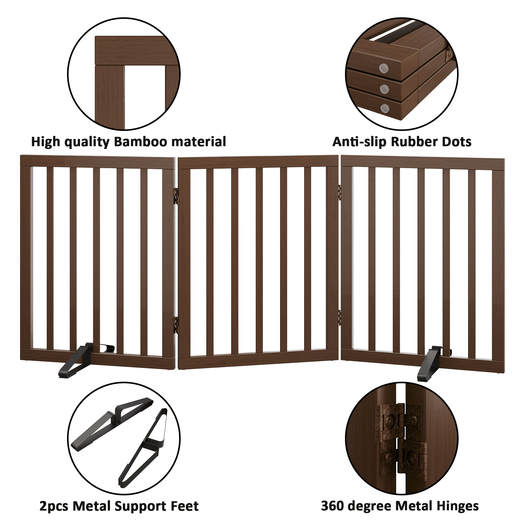 Smart FENDEE Bamboo Dog Gate Freestanding 3 Panel Pet Gate for Doorways, 2 Support Feet, Espresso