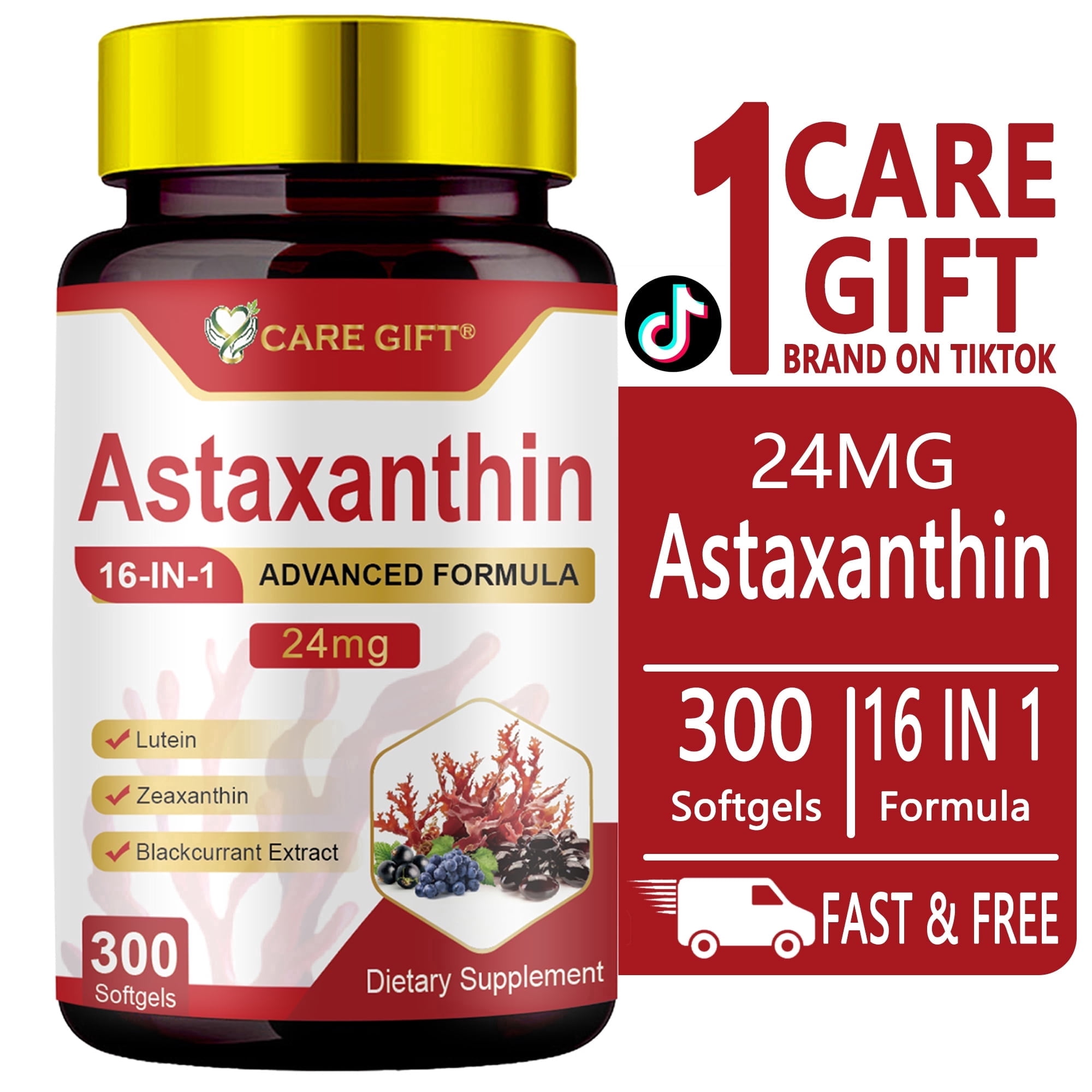CARE GIFT Astaxanthin 24mg Supplement - 16 in 1 Lutein Zeaxanthin Blackcurrant, Eye Skin Joint Support Antioxidant, 300 Softgels