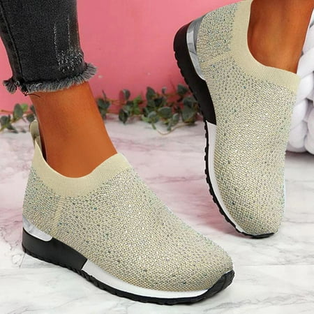 

Feiboyy Ladies Fashion Thick Sole Shoes Rhinestone Mesh Breathable Casual Sneakers