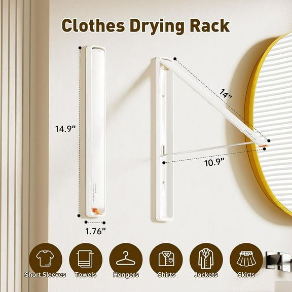 Clothes Drying Rack, Laundry Room Wall Mounted Retractable Clothes Hanger Drying Rack, Laundry Clothing Drying Rack Folding Indoor or Outdoor, Easy Installation Aluminium Dryer, 2pcs(White)