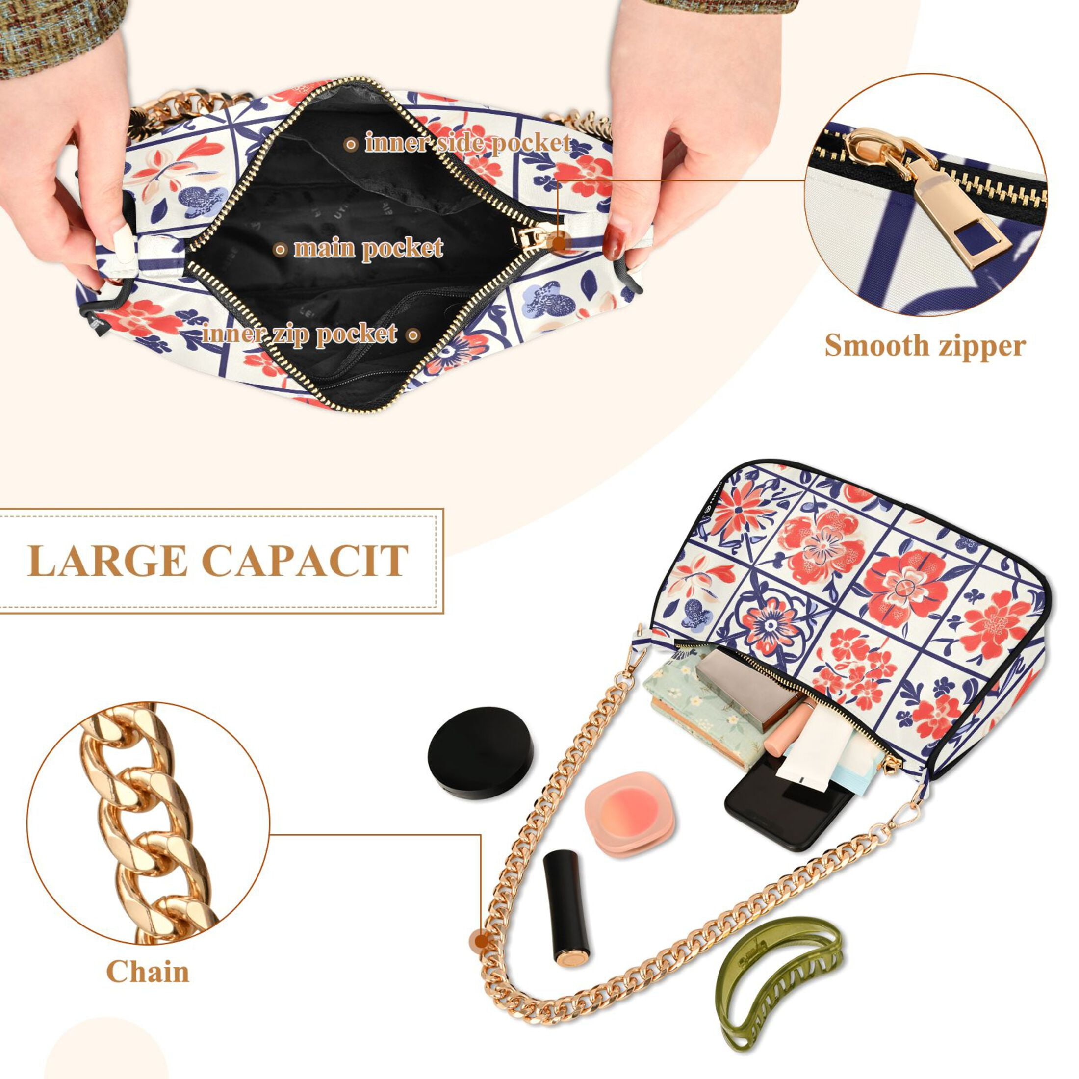 Ryvnso Boho Flower in Checkered Grid Womens Chain Shoulder Bag Tote Handbags Clutch Hobo Purse with Zipper for Travel