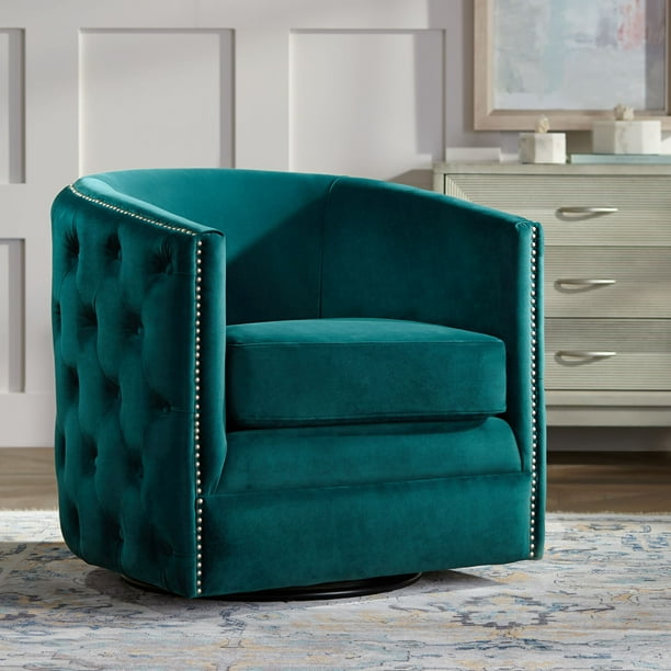 55 Downing Street Bridgerton Teal Green Velvet Tufted Swivel Accent
