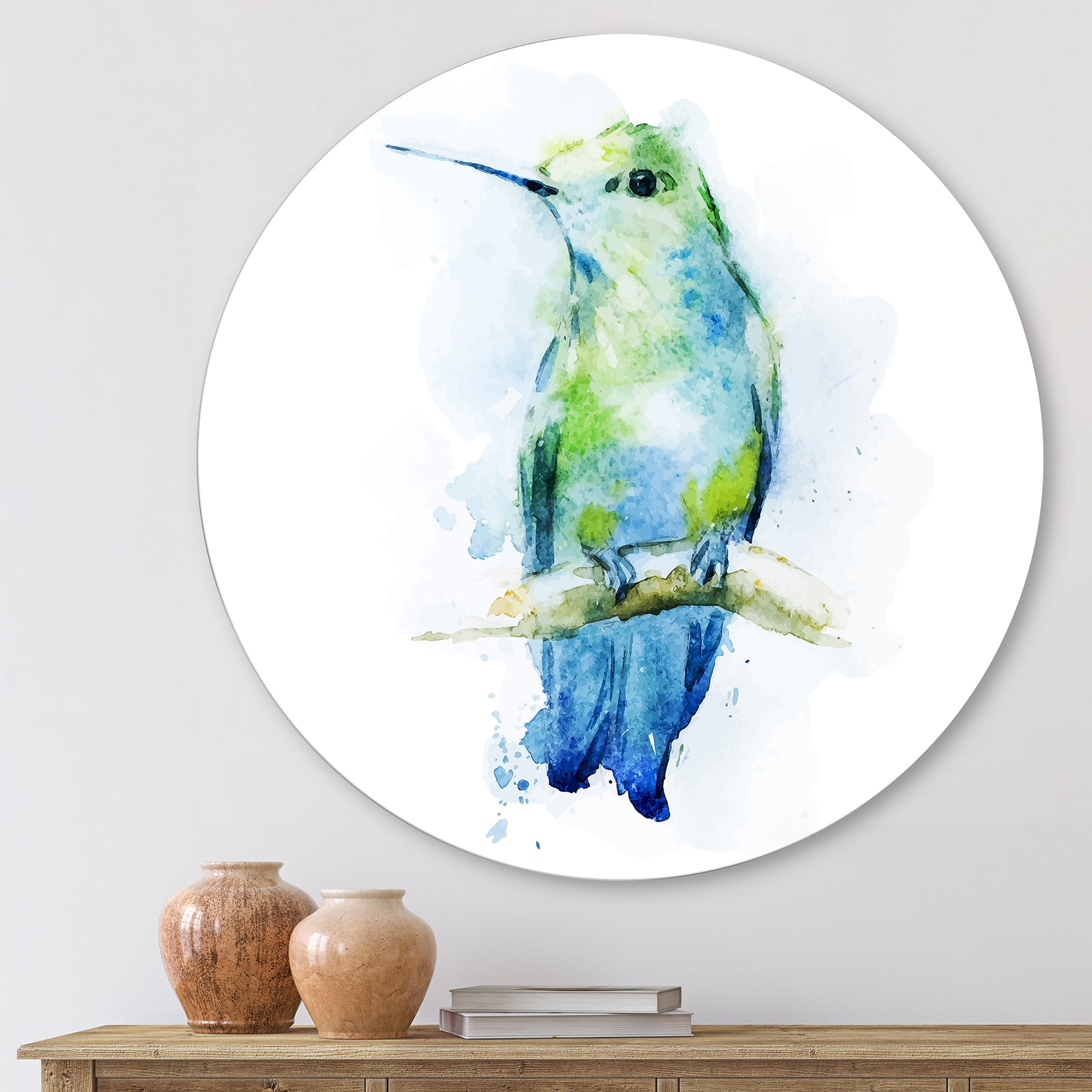 Designart 'Colibri Bird On Branch' Traditional Circle Metal Wall Art 23x23 - Disc of 23