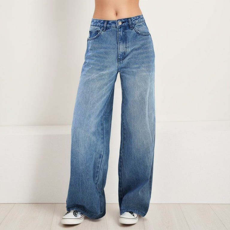 Womens Wide Leg Jeans with Pockets High Rise Stretchy Straight Leg