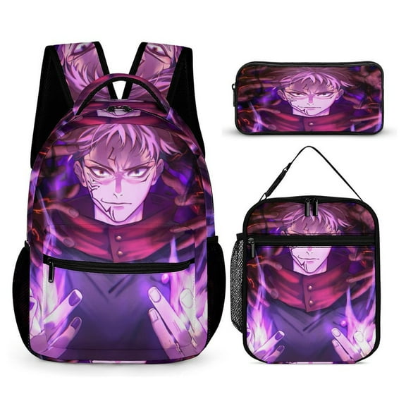 Jujutsu Backpack Kaisen JJK 17 Inch 3 Piece Set with Insulated Lunch Bag and Pencil Case, Bookbag Laptop Backpack Cartoon Durable Lightweight Casual Backpack
