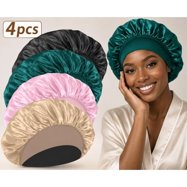 4 Pack Silk & Satin Bonnets for Women/Men , Extra Wide Band Hair Wrap Cap for Curly & Natural Hair , Sleeping & Shower Protection (Black/Peacock Blue/Pink/Khaki)