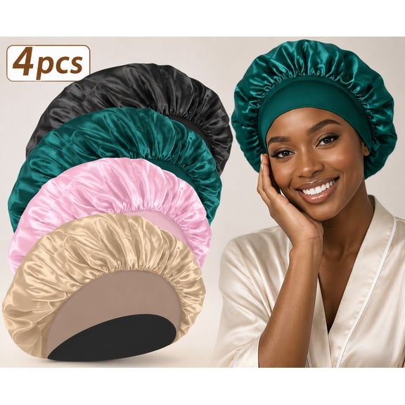 4 Pack Silk & Satin Bonnets for Women/Men , Extra Wide Band Hair Wrap Cap for Curly & Natural Hair , Sleeping & Shower Protection (Black/Peacock Blue/Pink/Khaki)