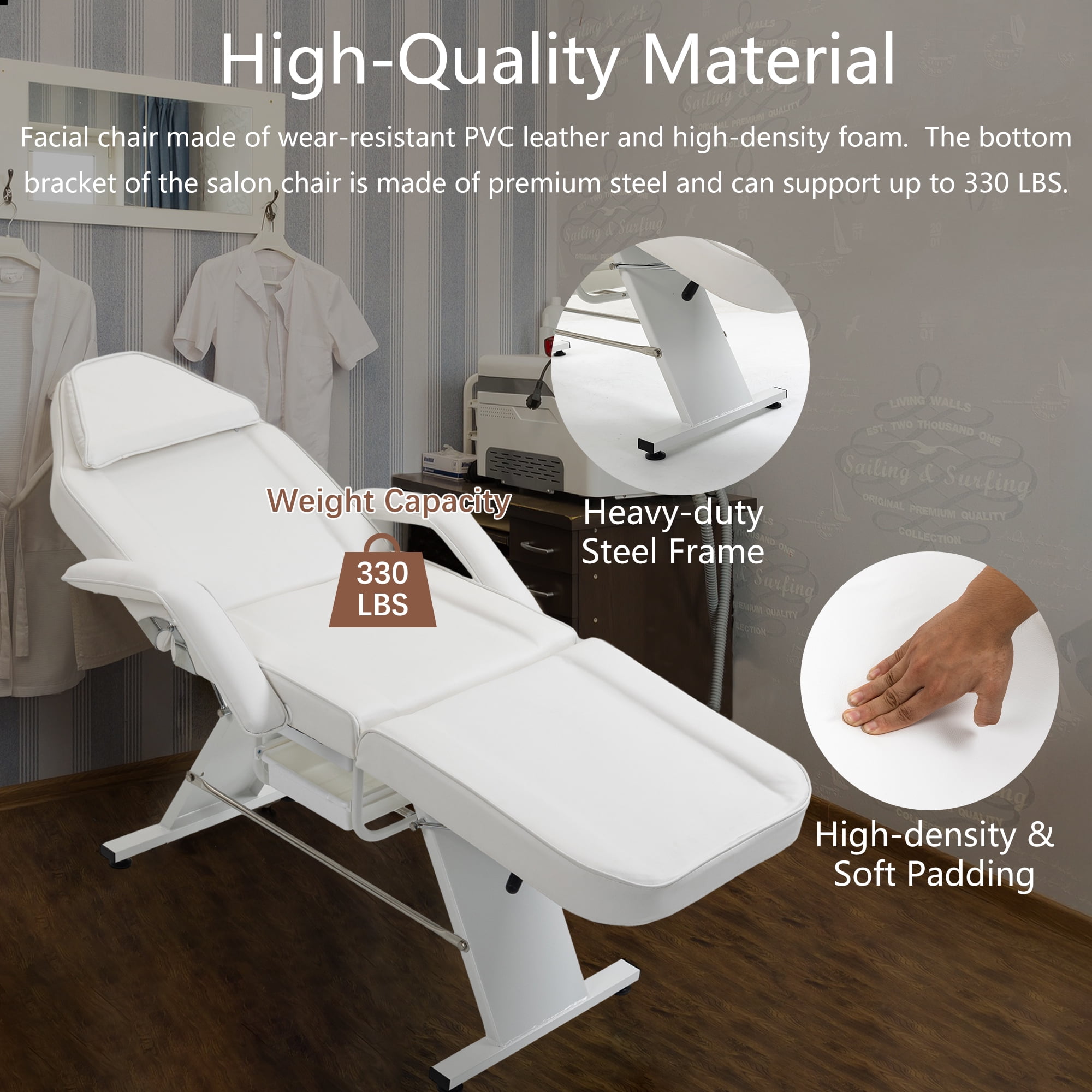 Miniyam 72.7" x 24.4" x 27.6" 3-in-1 Massage Bed & Tattoo Chair – 2 Trays, Hydraulic Stool, Adjustable 3 Sections – for Facial, Beauty, Barber – White