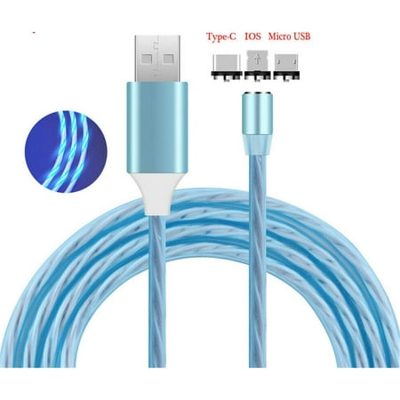 3 in 1 exgreem 2.4A Magnetic Absorption Cable 360-Degree LED Streamer Charging Cable + Lightning/Mirco Usb/Type C port Fast Charger Adapter for iPhone iPad /LG/Huawei/Android Samsung