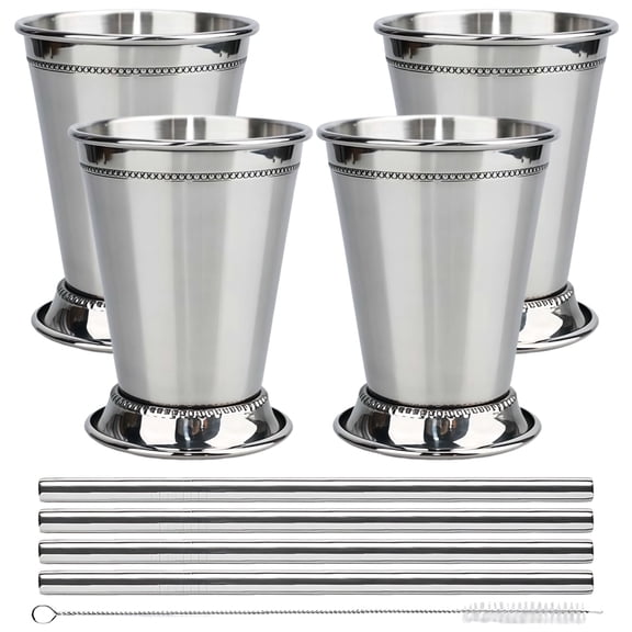 4 Pcs of Mint Julep Cocktail Cups, Stainless Steel Mojito Glasses with Straws and Brush