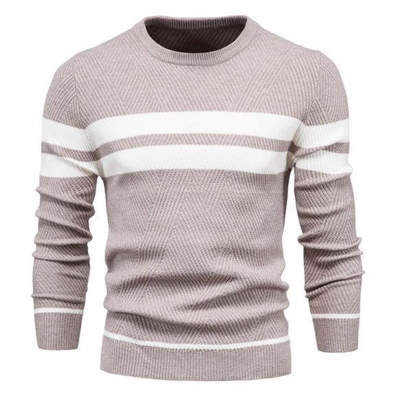 HOOMEUMY Mens Knitted Sweaters Crew Neck Tops Comfortable Blouse Casual Basic Long Sleeve Shirts Fashion 2025 Trendy Striped Design Beige M