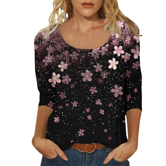 Womens Floral Print Tunics Blouses 2025 Summer Cherry Blossom Tees Shirts Round Neck T-Shirts 3/4 Length Sleeve Tops Relaxed Fit Tunic Blouses