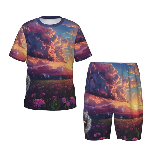 Balery Dreamy Dandelion Sunset Conjunto de Pijama Infantil de Manga Corta con Estampado – Ropa de Dormir de Algodón Suave-XX-Large