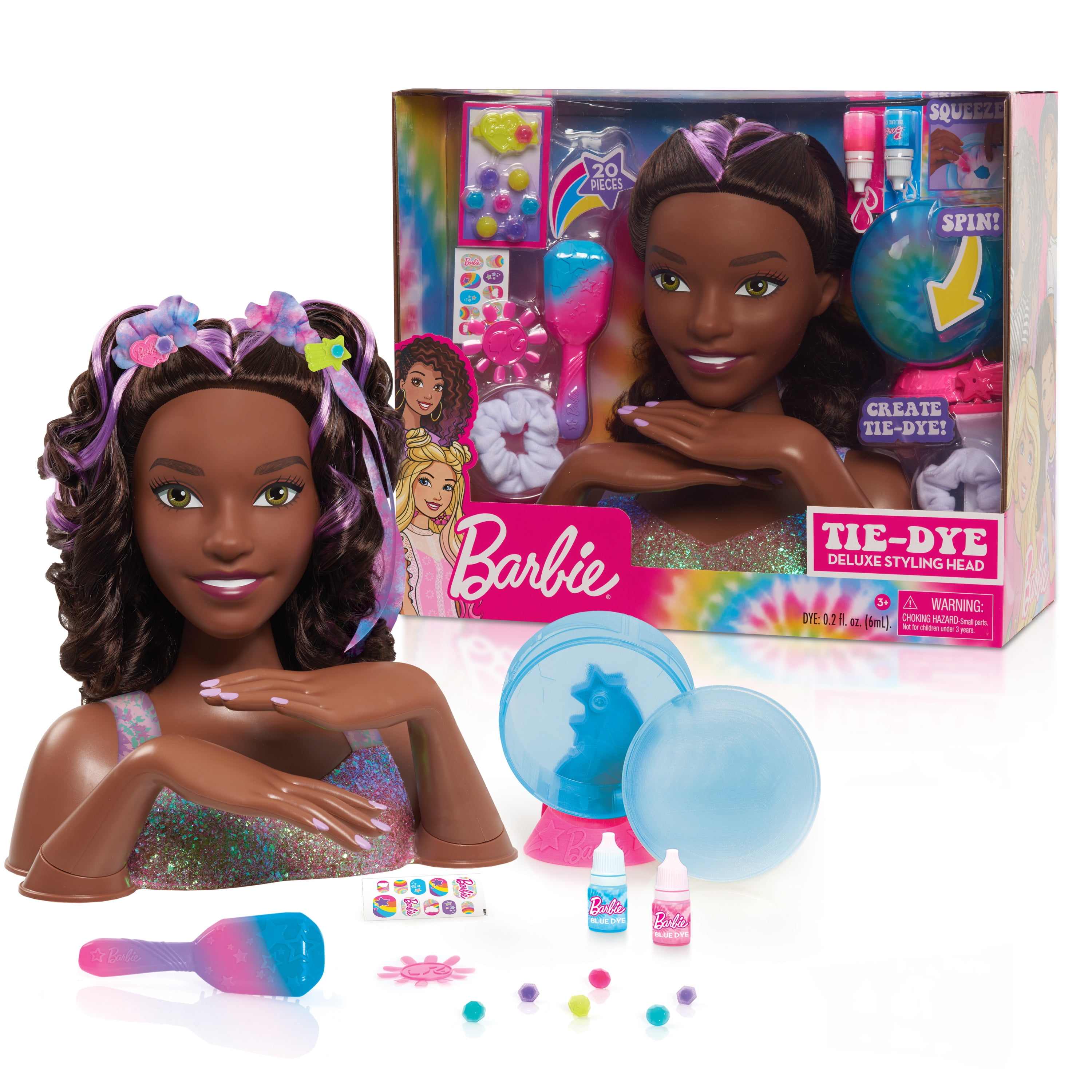 Barbie Tie-Dye Deluxe 21-Piece Styling Head, Black Hair, Includes 2 Non-Toxic Dye Colors,  Kids Toys for Ages 3 Up, Gifts and Presents