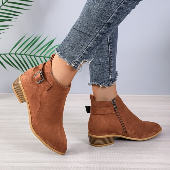 jsaierl Womens Slip on Ankle Boots Faux Suede Slip on Short Booties Pointed Toe Chunky Low Heel Dressy Western Booties with Side Zipper