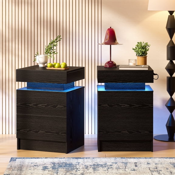 LIKIMIO Modern Nightstand with LED Lights & USB Charging Station, 2-Drawer End Table Bedside Furniture for Bedroom, Living Room & Office, Black