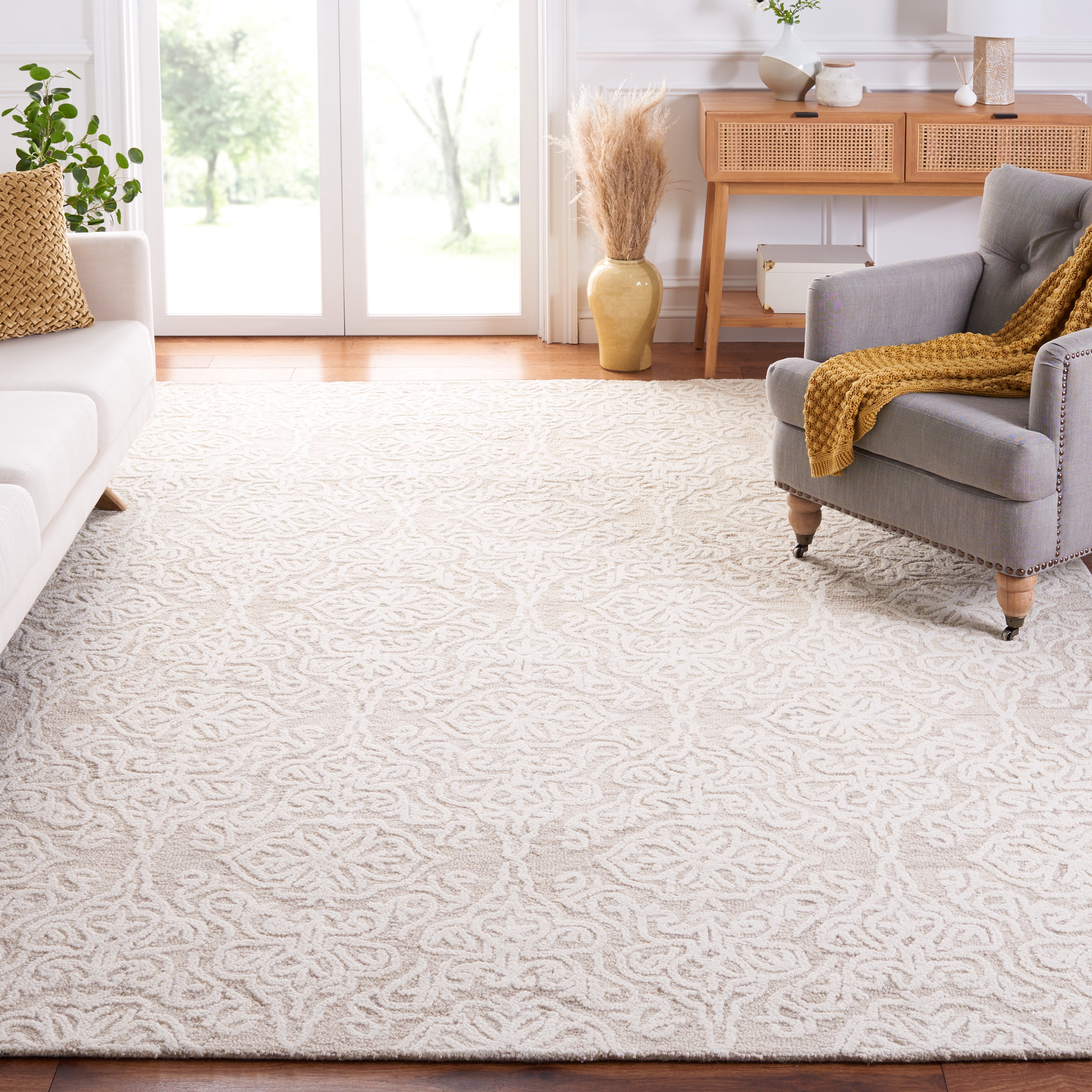 SAFAVIEH Blossom Asher Geometric Wool Area Rug, Beige/Ivory, 8' x 8' Square
