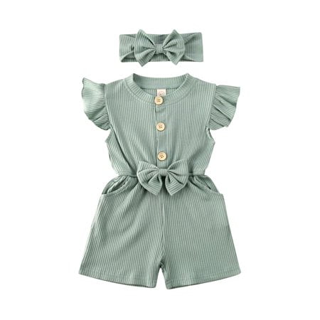 

GRNSHTS Baby Kids Girls Clothes Ruffle Bowknot Knit Romper Jumpsuit Headband Toddler Outfits (Green 12-18 Months)
