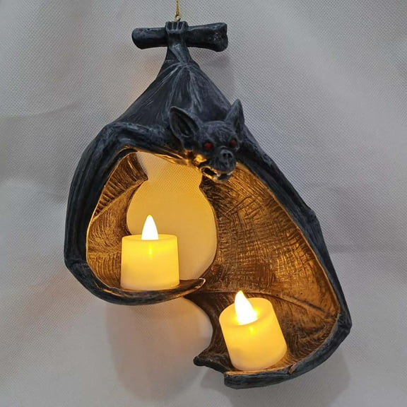 Diceymbol Gothic Bat Candle Wall Decor Halloween Resin Hanging Holder with 2 Tea Lights, Glowing Red Eyes for Spooky Indoor/Outdoor Party Decoration