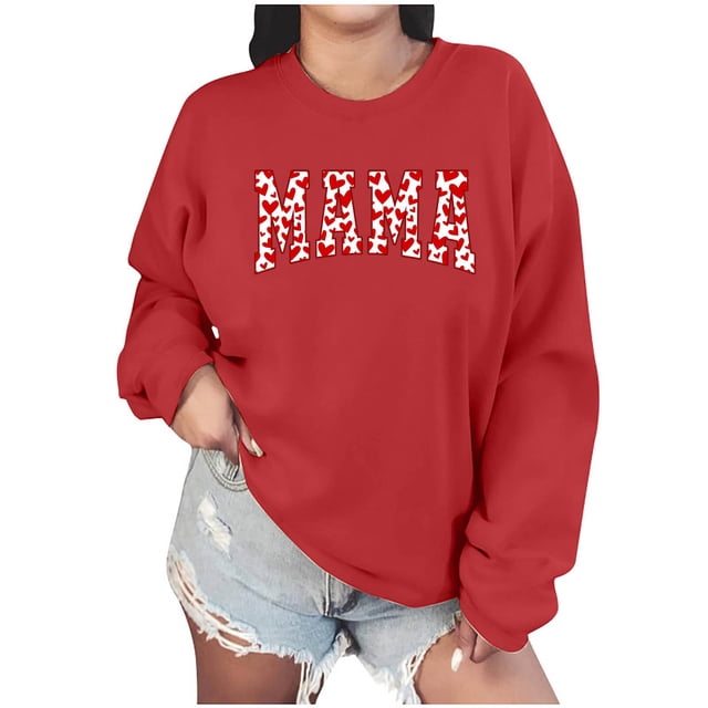 Penkiiy Mujer Mama Sweatshirt Casual Manga Larga Camisetas Cuello Tripulador Camisetas de Primavera 2025 Ropa Nueva S Rojo