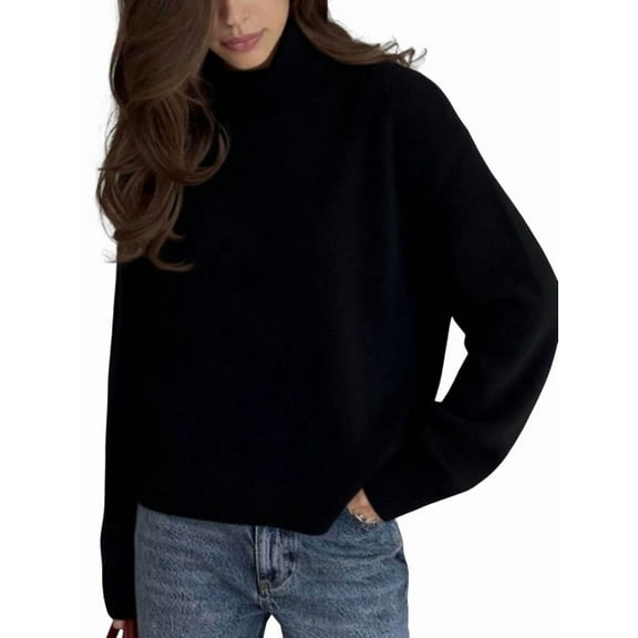 Women'S High Collar Sweater Chunky Long Sleeve Knitted Pullover Trendy Fall Winter Basic Jumper Top Black M