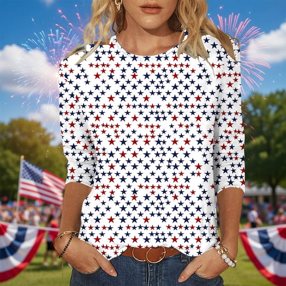 Zivyakyron Summer T Shirts for Women Patriotic Fourth of July Everyday Tops for Woman Loose Casual 3/4 Sleeve Clothes