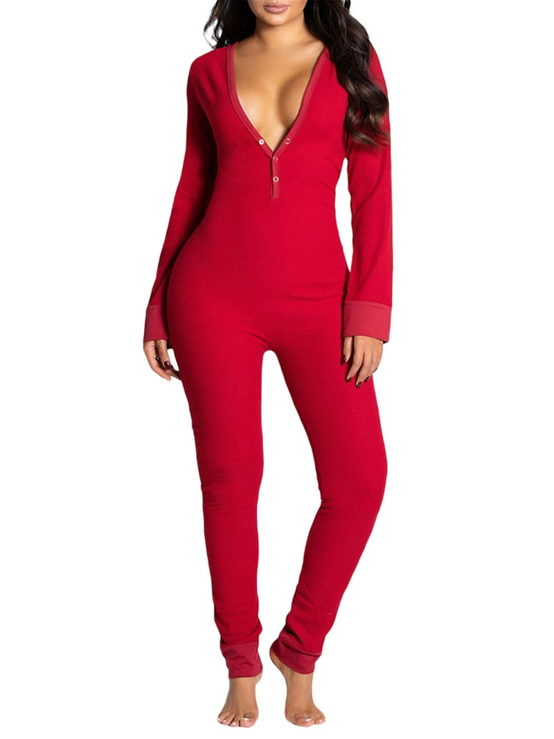 Aunavey Womens One Piece Jumpsuit, Bodycon Pajamas, Button Back Flap  Sleepwear Romper