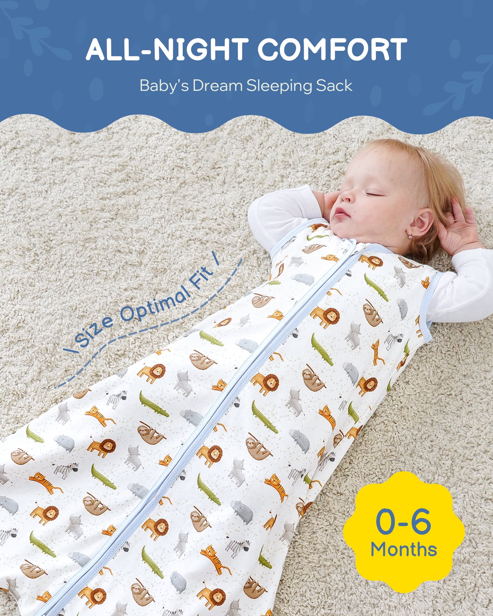 Baby Sleep Sack 0-6 Months, 100% Organic Cotton Wearable Blanket for Babies, 2-Way Zipper TOG 0.5 Lightweight Breathable Baby Sleeping Bag, 4 Sizes-S Animal&Plant&White