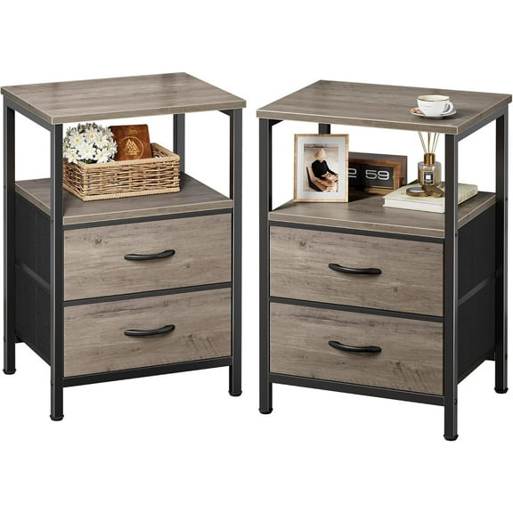 Night Stand Set of 2, Nightstand with 2 Drawers, Bed Side Table with Open Shelf, Wooden Top, End Table, Fabric Drawer with Oak Wooden Print Surface, for Bedroom