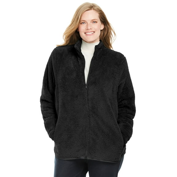 Woman Within Plus Size Fluffy Fleece Jacket Oversized Zip-Up Jacket
