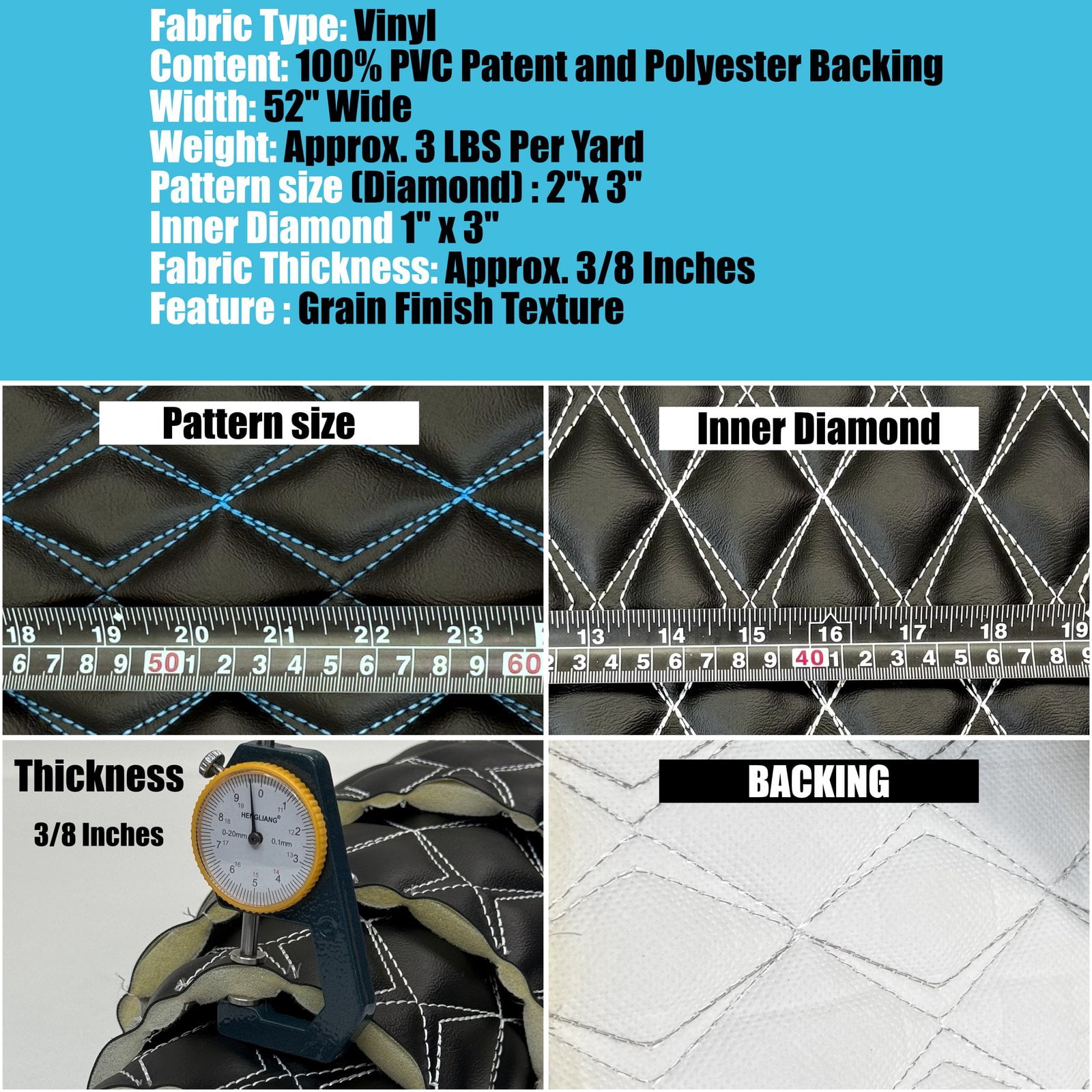 Vinyl Quilted Foam Padded Fabric W 3/8" Foam Backing Upholstery Car Headliner Vehicle & Motorcycle Seats Door Panels /58" W/ Continuous Yard (Black-Red Double Stitching, Diamond 2"X3")