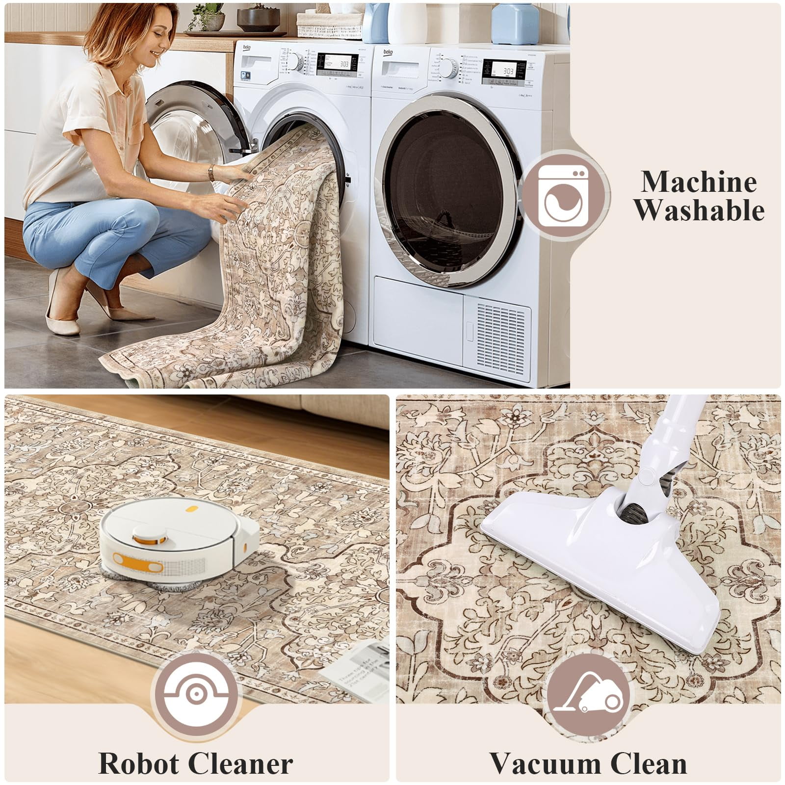 Findosom 2'x10' Vintage Runner Rug 0.4" Distressed Hallway Rug Non Slip Laundry Runner Rug Decor Rug Washable Runner Rug Kitchen Floor Mat Entryway Rug Runner for Laundry Kitchen Entryway,Beige
