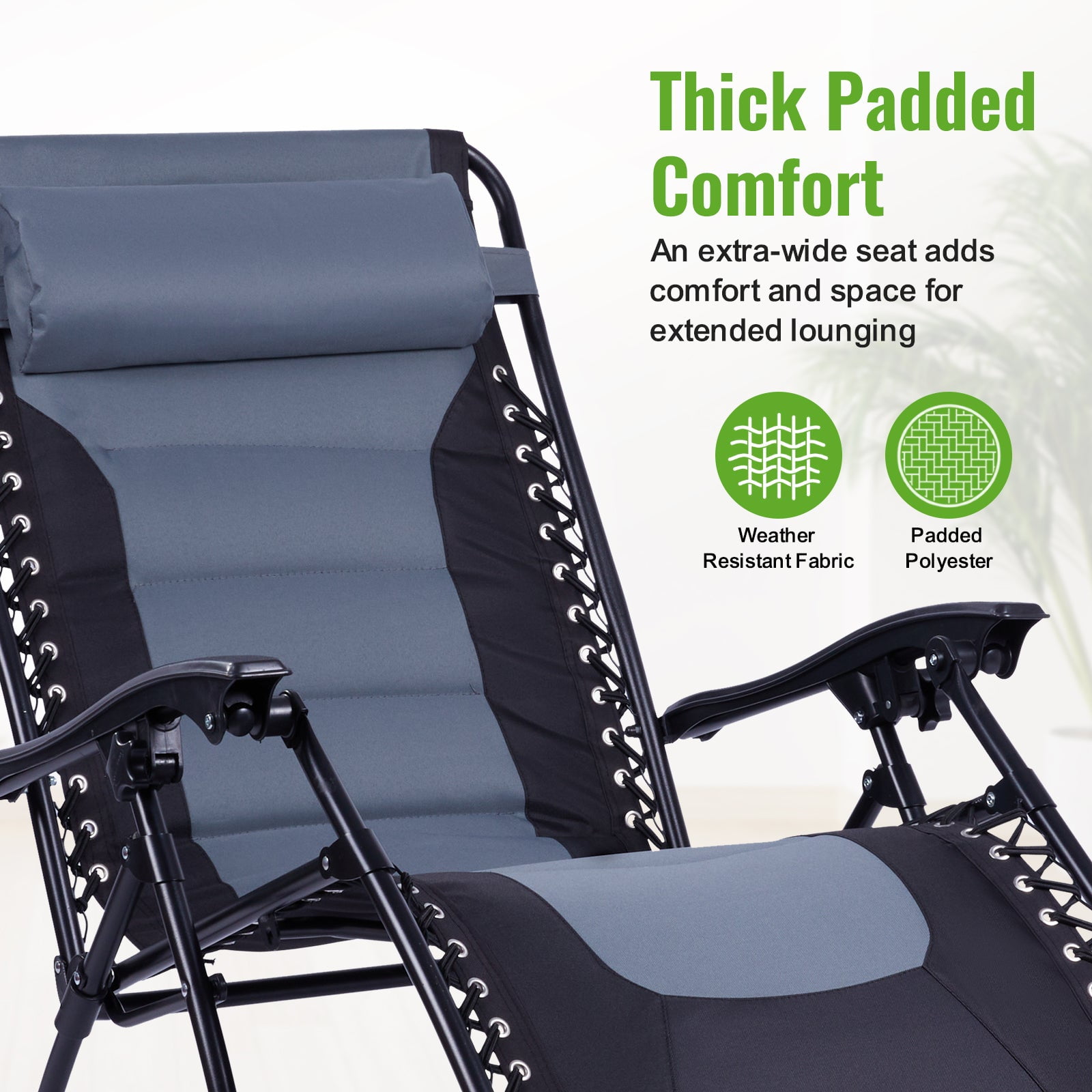 Backyard Expressions Deluxe XL Padded Recliner Zero Gravity Chair – Ergonomic Anti Gravity Lounger with Folding Design, Side Tray, and Adjustable Headrest