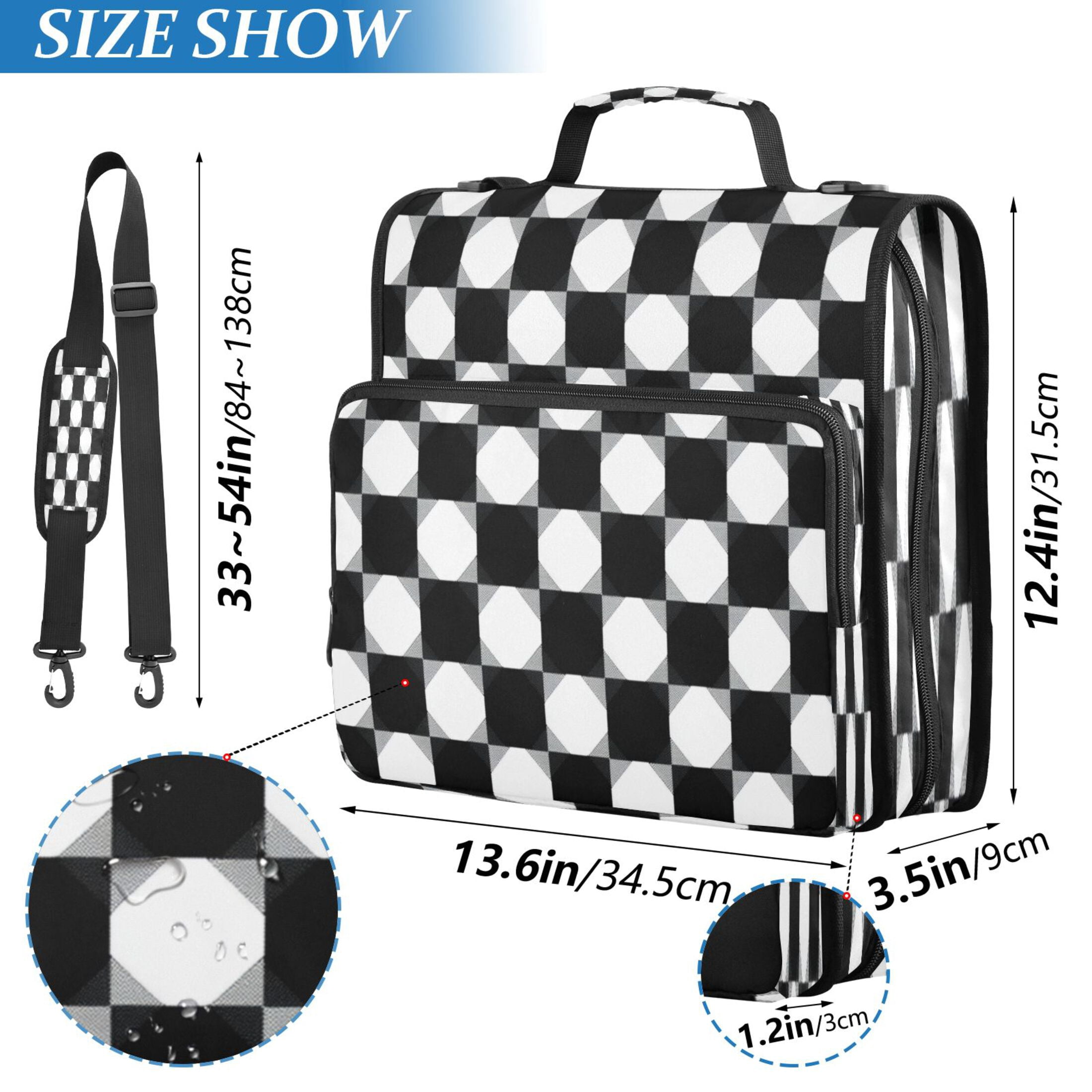 Water-Resistant 3-Ring Binder Organizer with Multiple Pockets Zipper Binder Bag for Office Black and White Gingham Pattern