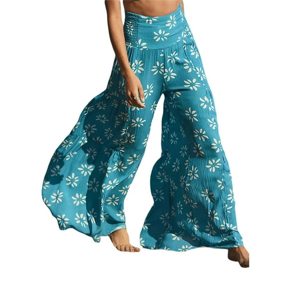 SAYOO High Waist Flared Wide Leg Pants for Women Floral Printed , Casual Loose Straight Beach Trousers
